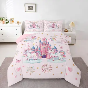 Unicorn Comforter Set Castle Bedding Set for Kids Boys Girls Cartoon Animal Duvet Quilt Rainbow Bedroom Decor Microfiber