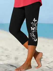 Women's Fitted Capri Pants, Natural Waist Design, All Season Wearable, Non-Denim Fabric, Printed Floral Pattern, Versatile Fashion Choice