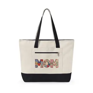 'Mom' Quilted Zippered Canvas Tote Bag – Durable Mom Bag for Mother's Day