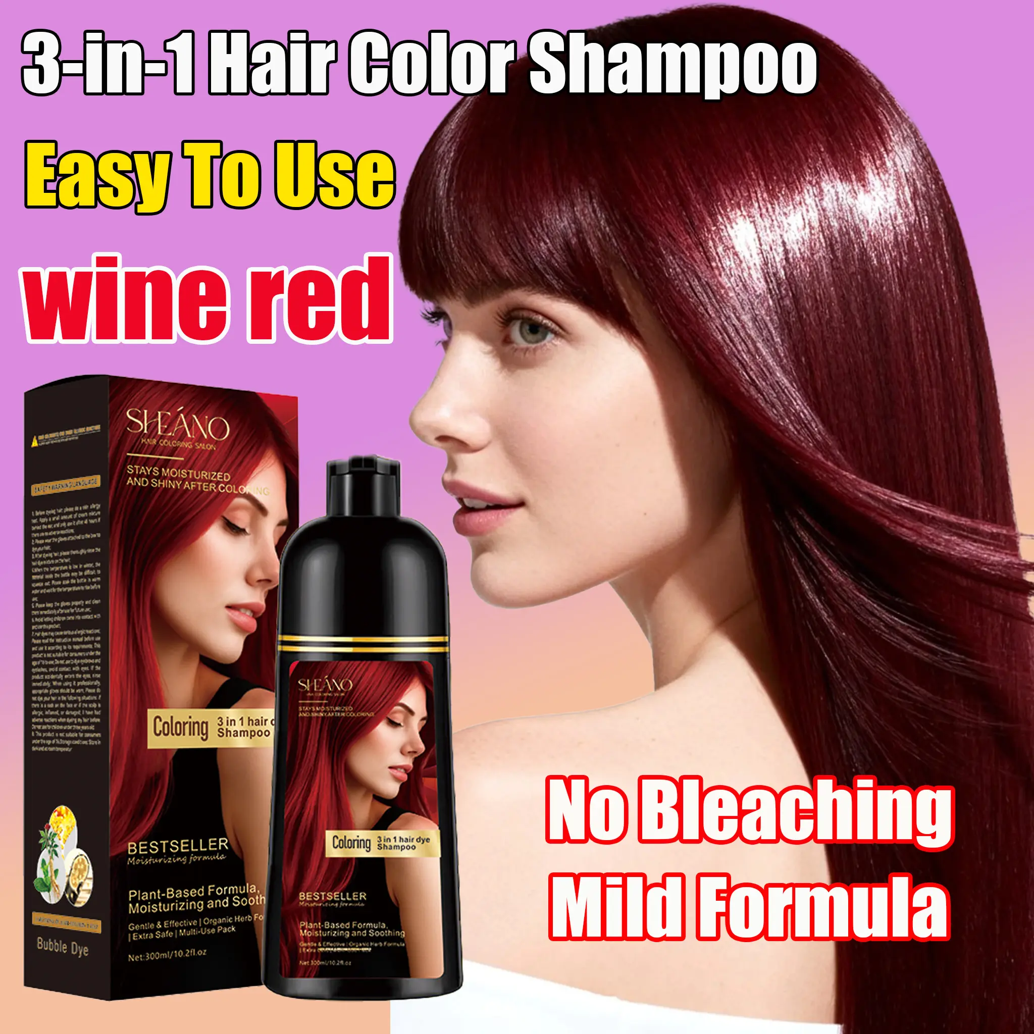 Burgundy 3-in-1 Herbal Ginseng Hair Dye Shampoo-Conditioner, Hair Coloring Product with Instant Gray Coverage, Rich Long-Lasting Semi-Permanent Color, Ideal Gift for Loved Ones, Suitable for Outdoor Use