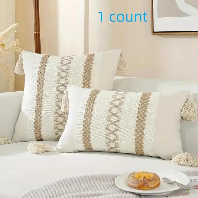 Boho Tassel Decor Cushion Cover Without Filler, 1 Count Soft Throw Pillow Cover, Fashion Pillowcase For Living Room Bedroom Sofa Couch Decoration