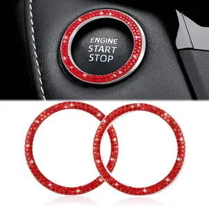 WINKA 2pcs Bling Car Engine Start Button Cover Diamond Crystal Push Start Stop Button Ring Sparkly Bling Ignition Button Cover Rhinestone Keyless Ignition Ring Universal Car Accessories (Red)