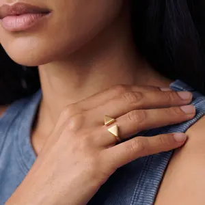 Unisex Handcrafted Geometric Double Triangle Open Ring - Raw Brass, Recycled Brass, Adjustable Fitted, Alternative Artistic, Artist Style, Chunky Gold-Tone Daily Fashion Statement Piece, Adjustable Fitted Rings