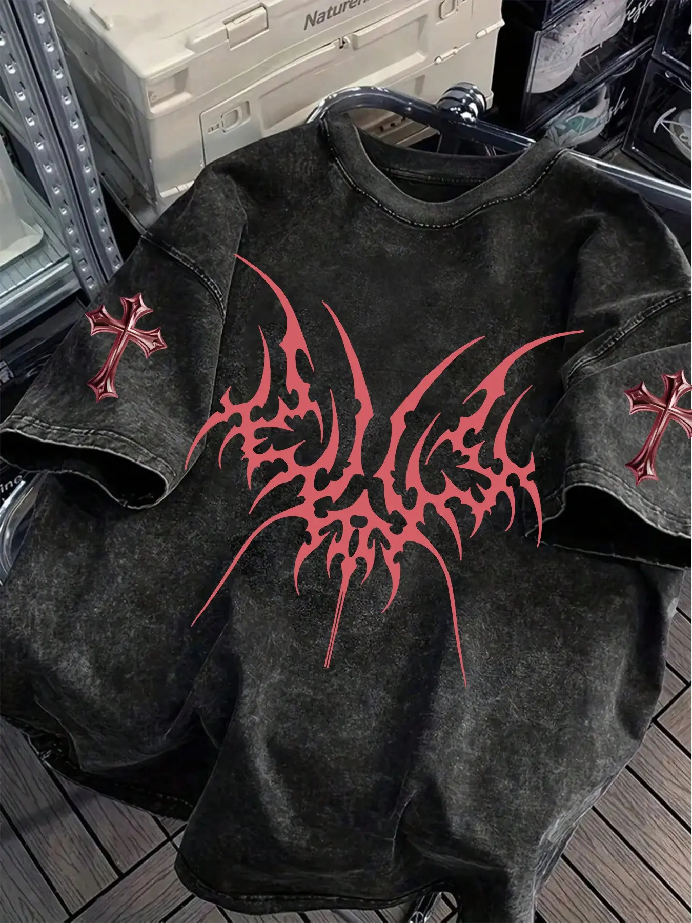 トップス archive cross long sleeve tee opium swag Men's Opium Style Acid Wash Oversized T-Shirt - Cyber Tribal Metal