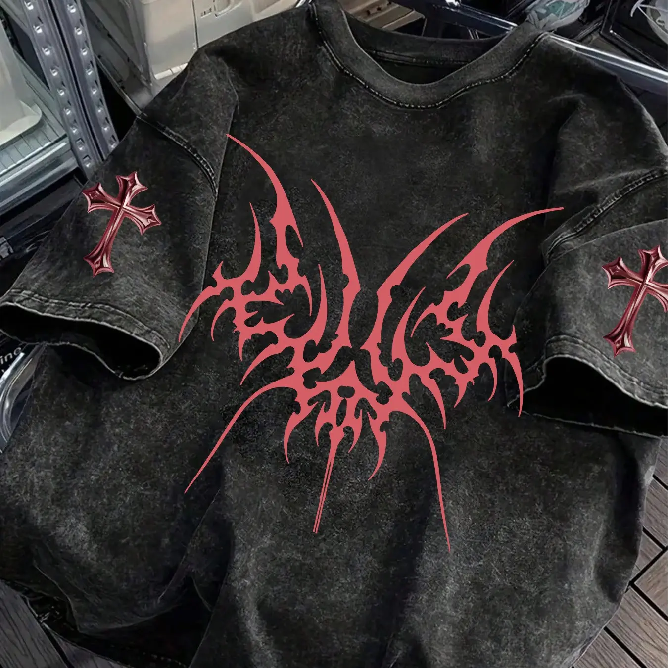 Men's Opium Style Acid Wash Oversized T-Shirt - Cyber Tribal Metal