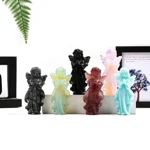 toptopcrystal Natural macaron candy-colored fluorite angel prayer girl desktop home decoration figurine meditation crystal angel