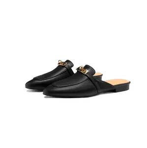 Women's Minimalist Square-Toe Mule Loafers with Gold Buckle Accent - 4 Classic Colors for Office & Daily Wear