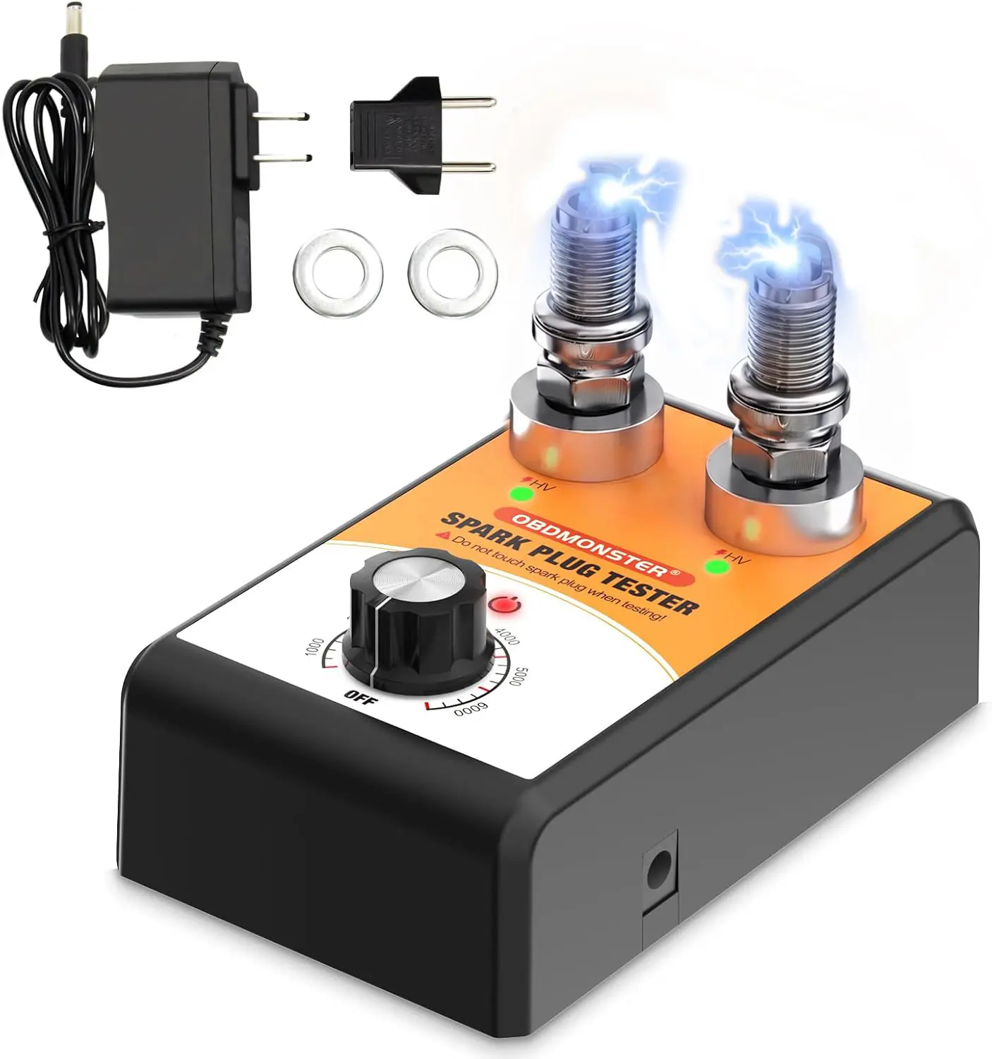 OBDMONSTER Automotive Spark Plug Tester - 12V Adjustable Frequency Diagnostic Tool for 12v Automotive Ignition Systems, Dual-Hole Device with High Precision & Safety, Protective Cover for Vehicle Maintenance