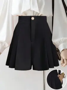 Women's Elegant Style Solid Color Wide Leg Shorts Bottom, Fashion Pleated Decor, Non-Sheer, All Seasons Casual Wear, Womenswear