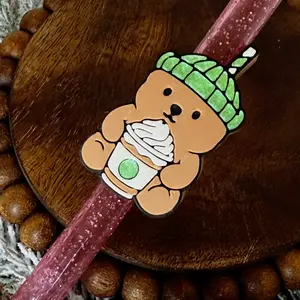 Coffee Bear Straw Topper - Christmas Straw Buddy - Cute Cup Accessory for Daily Iced Coffee & Holiday Drinks - Cozy Café & Latte Aesthetic - Fits Regular & Large Straws - Perfect Gift for Coffee Lovers