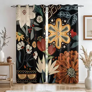 Boho Floral Blackout Curtains Set of 2, W52xL84, Black Base Retro Flower, Thermal Insulated Room Darkening, Bedroom Living Room Decor, Perfect Housewarming Gift for Boho Home Lovers