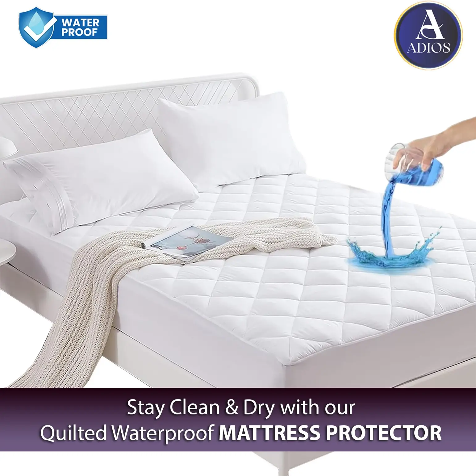Adios Premium Extra Deep 100% Waterproof Quilted Mattress Protector Luxury Soft & Breathable Bed Cover in Standard USA Size Twin to California King