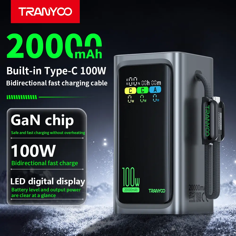 TRANYOO T-L2 100W Laptop Power Bank 20000mAh with Built-in Cable – Charge Your MacBook & Phone Together at 65W + 35W