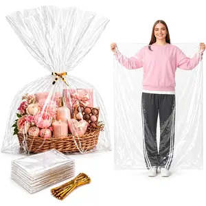 24 Pack 40 x 50 Inches  Clear Cellophane  Basket Bags with  Twist Ties, Large Basket Wrap Bags for Big Gifts and Baskets, Holiday Packaging
