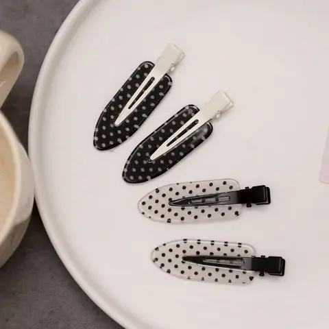 4 Pcs/Set Acetate Polka‑Dot Flat BB Clips, Black & White, Hairstyle Accessory for Bangs, Hair Clips for Styling, Hairclip, for Women and Girls