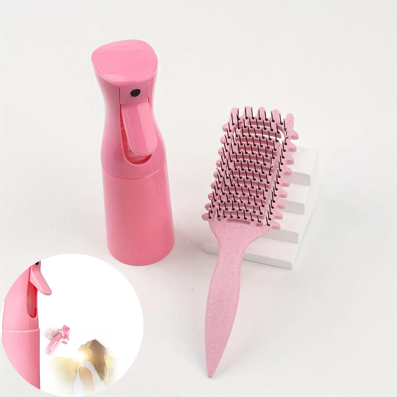 Women's Hair Set Spray Bottle Fluffy Modeling Care Tool,1 pcs Detangler Brush and 1 Pcs water spray bottle, Gentle & Effective Detangling on Wet or Dry Fragile Hair Types,Ultra-light, Detangling Brsuh ventilated and antistatic hairbrush