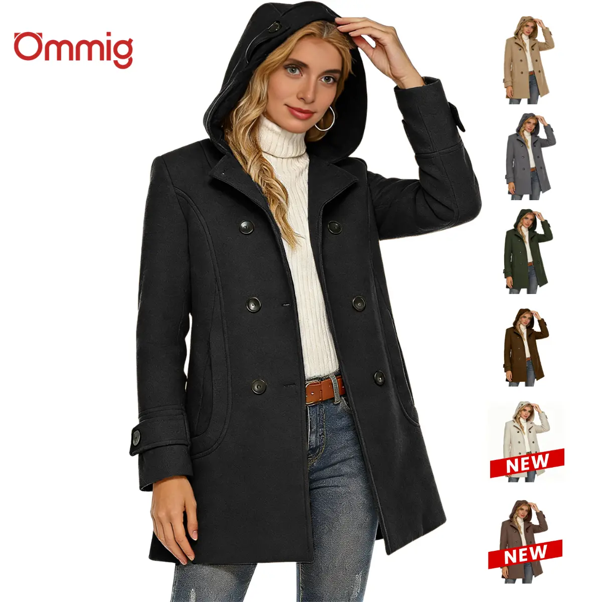 Ommig Women's Elegant Solid Long Sleeve Double-Breasted Wool Pea Coat with Hood Casual Outerwear with Polyester Blend for Autumn, Winter,summerwins,back to school,back to school shopping