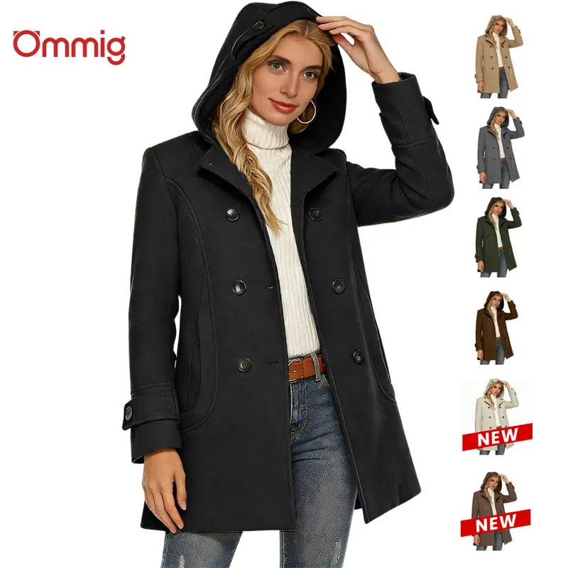 Ommig Women's Elegant Solid Long Sleeve Double-Breasted Wool Hooded Pea Coat - Chic Vintage Jacket, Polyester Blend, Above-Knee, 2-Pocket Carry, Button Closure Outerwear for Autumn Winter