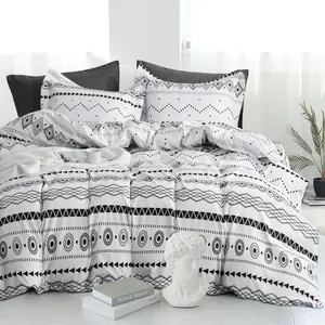 [Memorial Day Sale]Bedsum Microfiber Duvet Cover Set,Super Soft Geometric Black and White Printed Reversible Design Zipper Comforter Cover with Ties and Pillow Sham