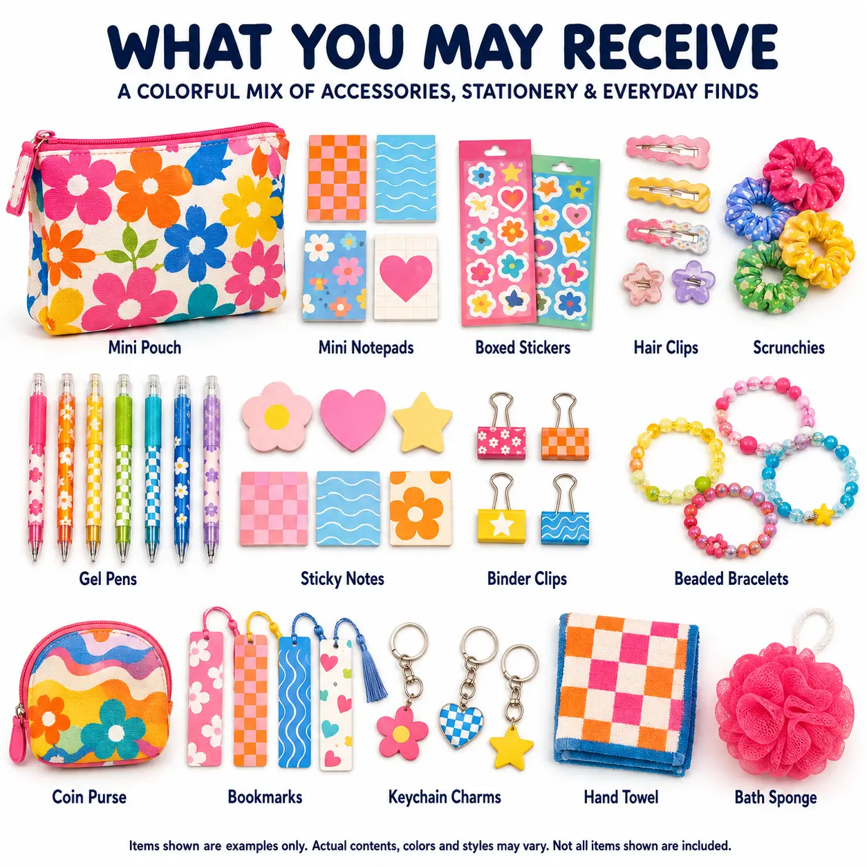 Millobox Scoop Box Colorful Accessories and Stationery Gift Set with Mini Pouch, Notebooks, Pens, Stickers, Hair Clips, Scrunchies, Bracelets and Keychain Charms, Birthday Gift for Women and Teens