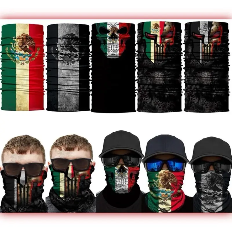 5PCS Skull Face Scarf Tube Bandana Headband Headwear for Motorcycle Riding Biker Headband Skeleton Mexico Flag Neck Gaiter Scarf