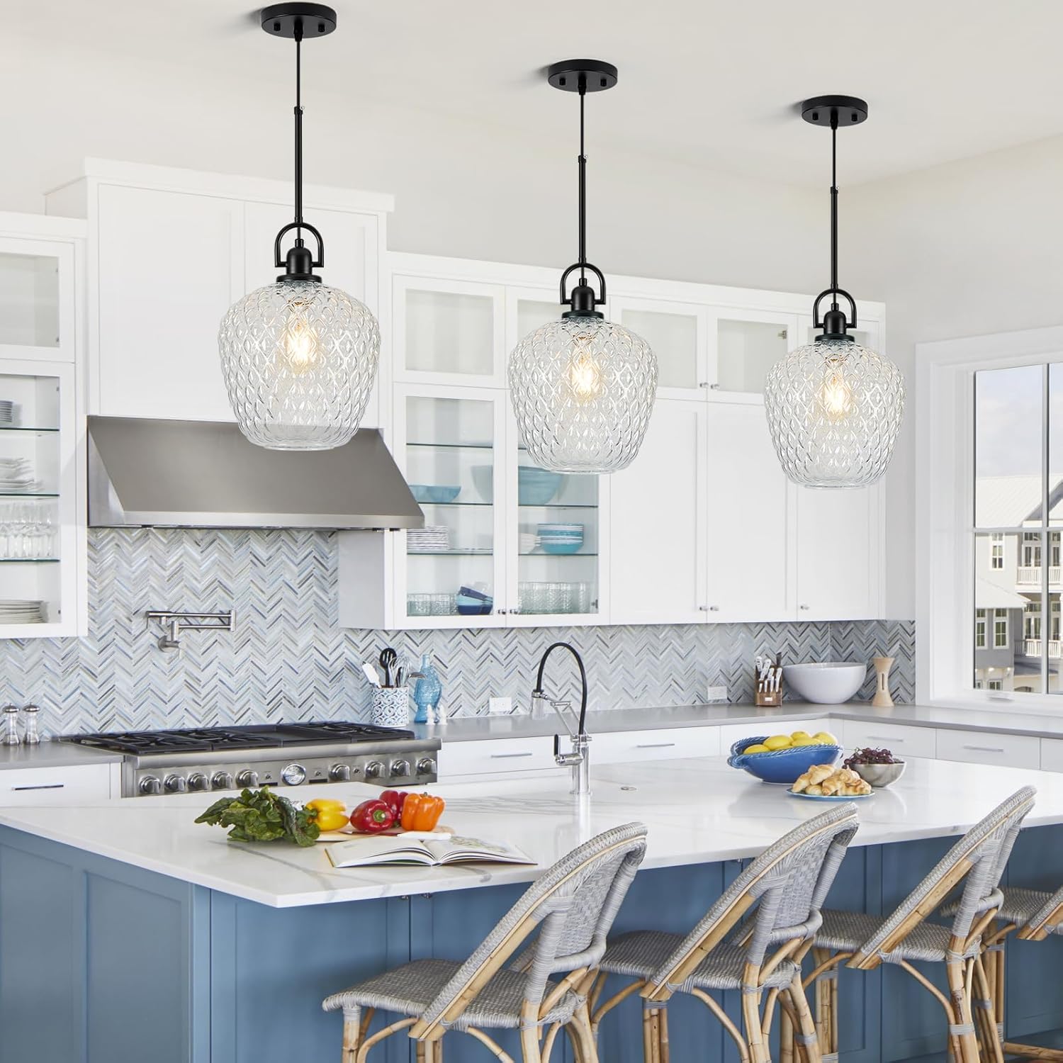 Large Glass Pendant Lights Kitchen Island, 10" 1-Light Black Fixtures with Hammered Glass Modern Hanging Light for Kitchen Island Dining Room Entryway Foyer