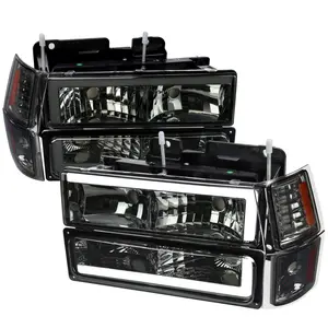 1994-1998 Chevrolet C10 C/K Tahoe Suburban LED Tube Factory Headlights with Corner Signal Bumper Lights (Chrome Housing/Smoked Lens)