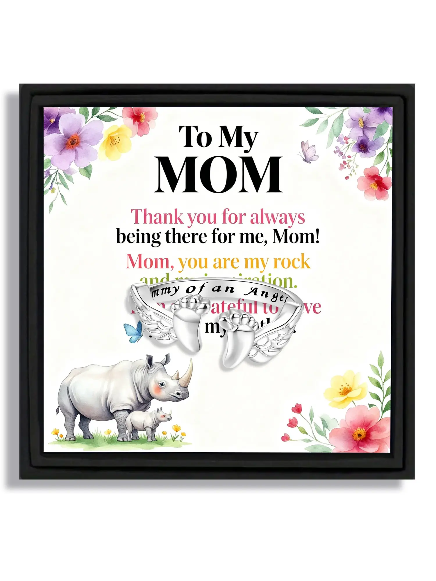 For mom angel wing small footprint ring Inspirational Jewelry with grateful and warm style card gift box for Mother's Day with blessing card and box
