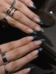 Blue Star French Tip Press On Nails, Y2K Celestial Nails, Navy Blue Almond Nails, Cute Coquette Star Nail Set, Handmade Glossy Press On Nails