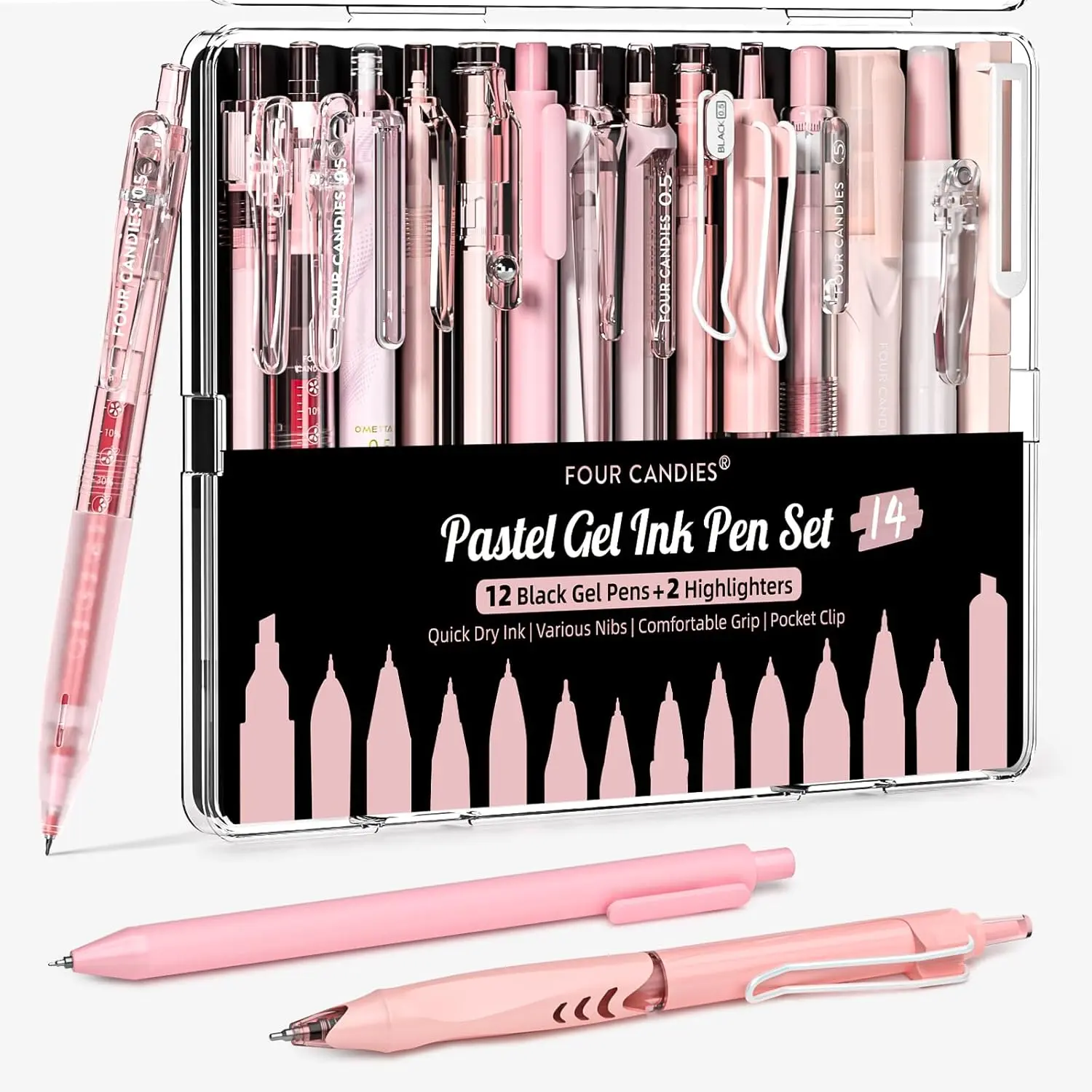 Four Candies Writing Ink Pens with Black & Pink Ink and 2Pack Highlighter, Cute Retractable 0.5mm Smooth Writing Pens,Pink Pens for School, Office Girly Stationery Aesthetic Desk Accessories Set of 14