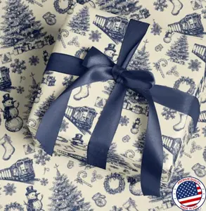Blue Christmas Toile Wrapping Paper, Vintage-Inspired Holiday Pattern with Snowmen, Trains and More