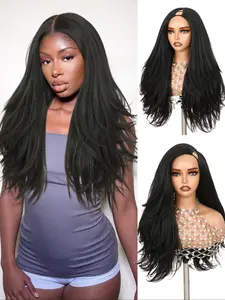 26 Inch Wavy Yaki U Part Wig, Synthetic V Part Half Wig for Women, Natural Kinky Straight Wavy Wig, Long Glueless Half Wig, Easy Wear, 1b Jet, Kinky Straight Wigs, Glueless Hair Wigs