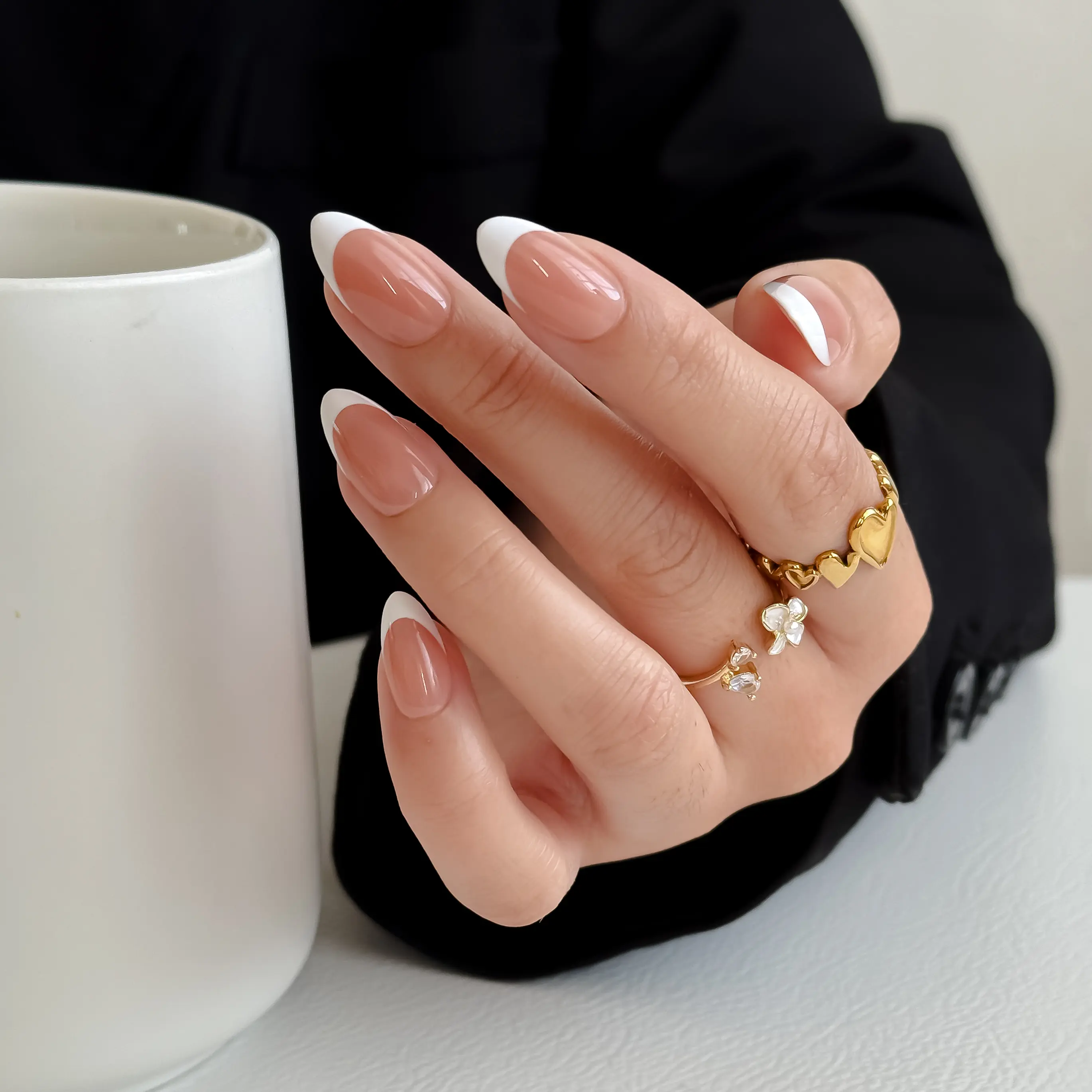 Worknaily - Short Almond French Tip Press On Nails 32PCS, Reusable Glossy Clean Girl Everyday Nails