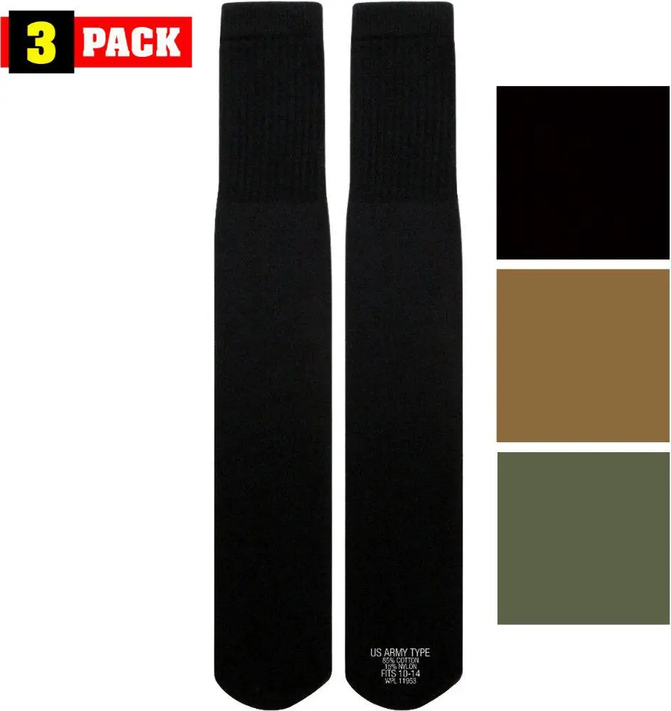 Men's Cotton Nylon Blend Breathable & Moisture-Wicking Military Army Over-Calf Long Tube Socks 3-Pack - US Made, Size 10-14, Snug Fit, Menswear, Stenciled Print