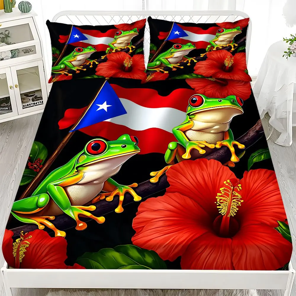 Bedding Set 3-Piece, Decorative Bedding Set, Theme Bedding Set, 2D Flat Puerto Rico Flag Green Frog Pattern Mattress Protector Set(1*Fitted Sheet + 2*Pillowcases, no filling), Soft and Comfortable