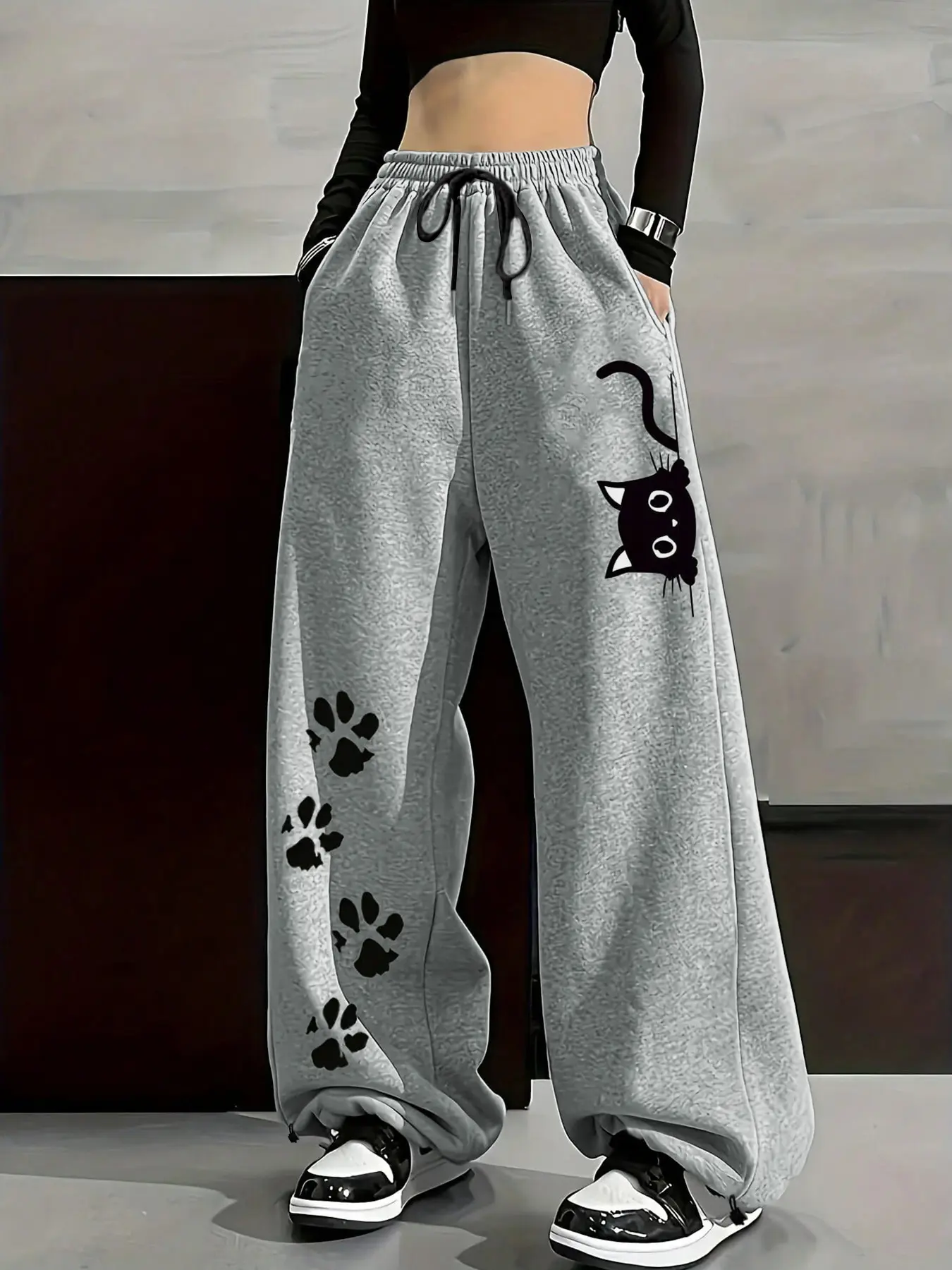 Women's Cute Cat Print Casual Sweatpants, Animal Print Loose Fit Fashion Streetwear, Long Regular Pants, Natural Waist Elastic Waist, Elastic Waist Bottoms