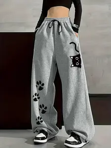 Women's Cute Cat Print Casual Sweatpants, Animal Print Loose Fit Fashion Streetwear, Long Regular Pants, Natural Waist Elastic Waist