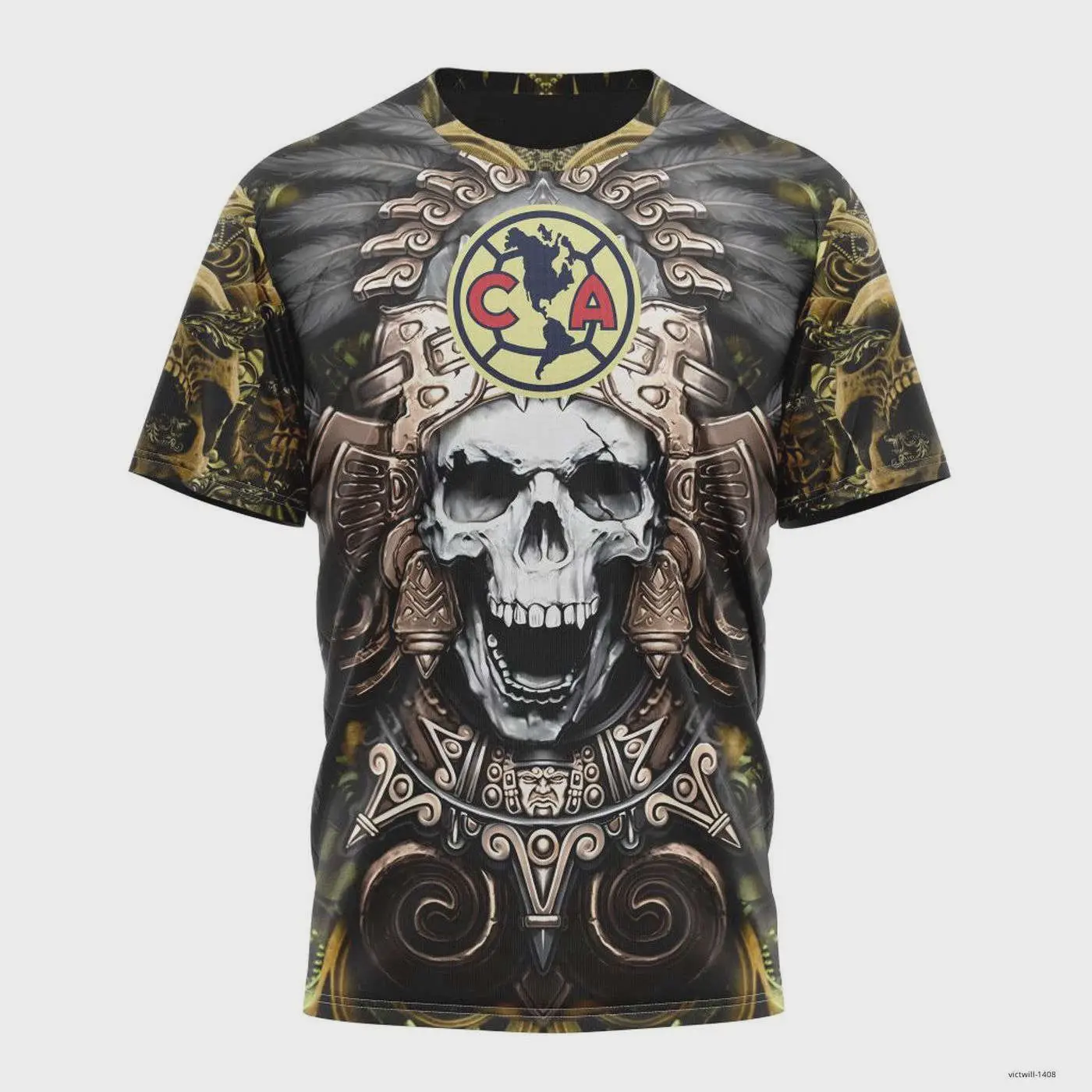 Personalized LIGA MX Club America Shirt 3D Special Aztec Skull Design, Short-Sleeve Sports Shirt, Football Jersey, Gifts for Fútbol Fan, Sport Apparel