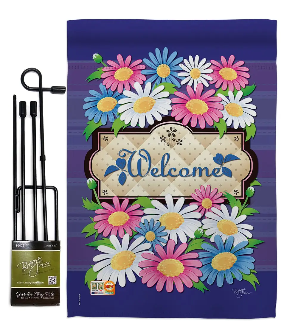 Breeze Decor BD-FL-GS-104076-IP-BO-D-US11-BD 13 x 18.5 in. Welcome Daisies Spring Floral Impressions Decorative Vertical Double Sided Garden Flag Set with Banner Pole