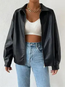 Women's Autumn Winter Coat, Drop Shoulder  Zip Pu Leather Jacket, Stylish Fitted Outerwear, Comfortable and Warm, Perfect for Cold Weather