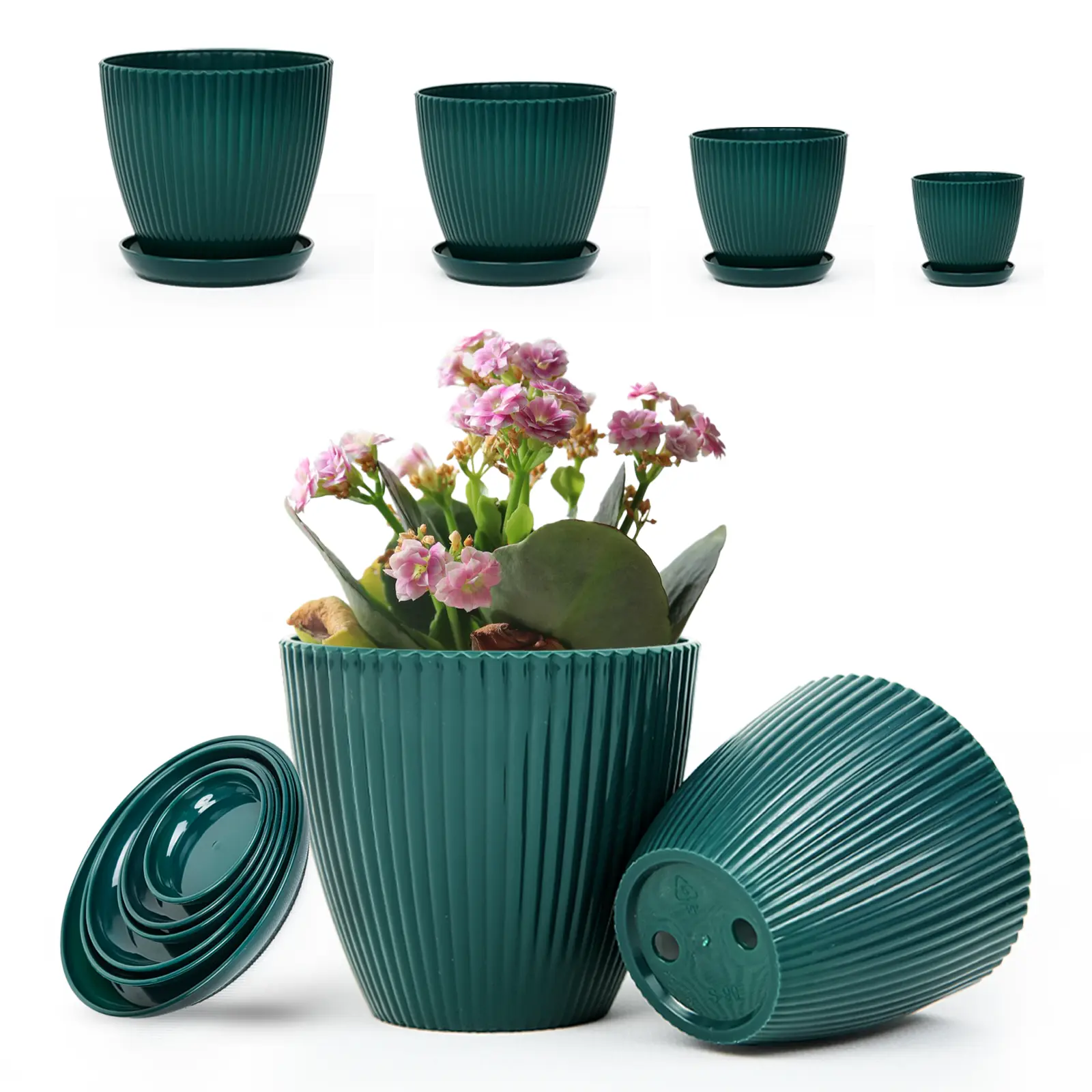 6-Pack Plastic Flower Pots & Planters - Indoor Home Plant Pots with Design Patent Pending Smart Drainage (7.5/6.6/5.8/5.0/4.3/3.5 in), Modern Décor for Room/Office, Ideal for Earth Day, Housewarming, Birthdays