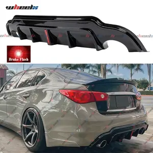 2014-2024 Infiniti Q50 – Rear Bumper Diffuser Rear Lip w/ Flashing Vertical LED Brake Light | Gloss Black Carbon Fiber ABS | All Trims Fit