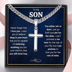 "To My Son" cross Cuba chain necklace, stainless steel Cuba chain cross pendant, son's birthday gift, Valentine's day gift, graduation gift, Christmas gift, packaging with card and gift box