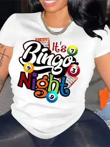 1pc Women'S Bingo Night Graphic Tee, Casual Round Neck Short Sleeve T-Shirt, Geometric Pattern, Regular Length for All Seasons