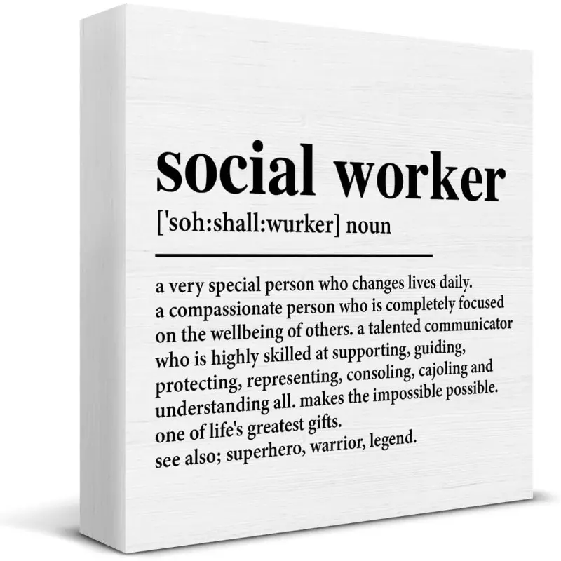 Thank You Gifts for Social Worker, Social Worker Wood Sign Desk Decor Social Worker Definition Wood Block Plaque Box Sign Vintage Plaque Decor for Home Office Desk Shelf Table Decorations 5 X 5 Inch