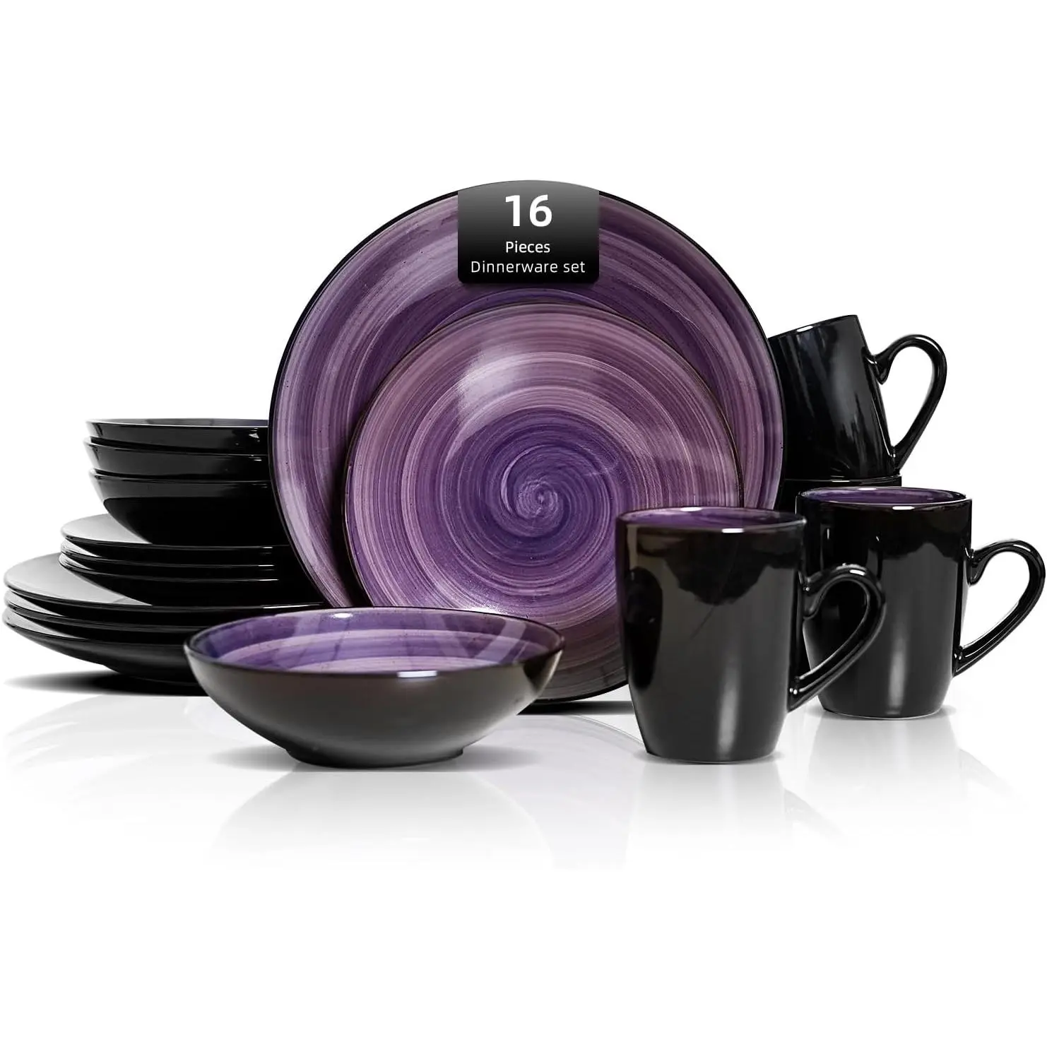 HomeVSS Sonoma 16-Piece Ceramic Tableware Set - Serves 4, Black & Speckled Purple Plates, Bowls & Mugs, Microwave & Dishwasher Safe, Spinwash Purple