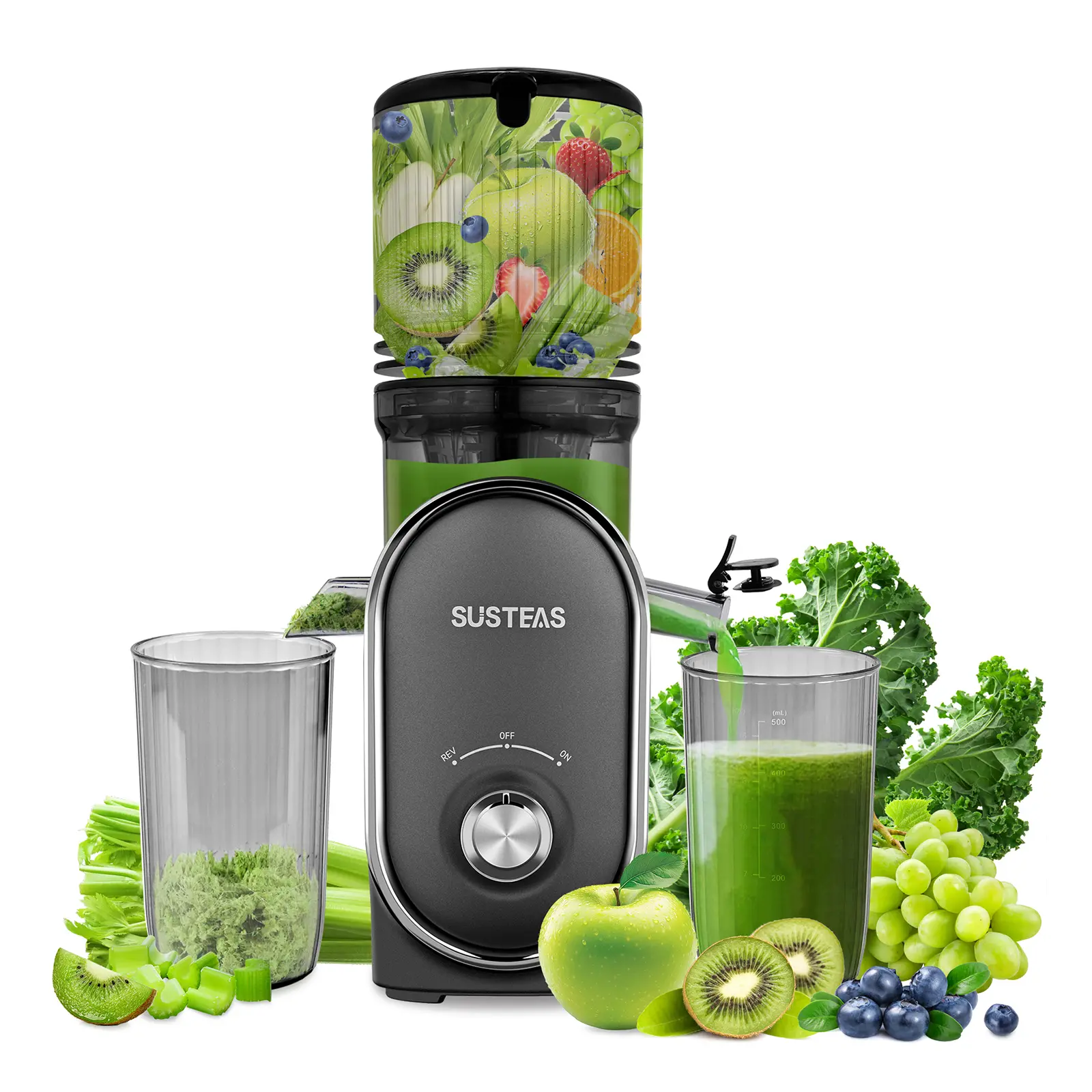 SUSTEAS Cold Press Juicer – 5.3" Wide Chute for Whole Fruits, High Yield, Easy to Clean, Springtok Steel, with Large & Small Hole Filters and Portable Blender Cups