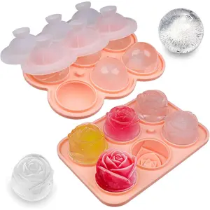 2 Pack  Ice Cube Trays, Pink Rose Ice Cube Mold, Large Sphere Ice Mold with Funnel-type Lid, Makes 6 Rose & 6 Round Ice Balls for Chilling   Drinks