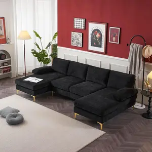 【3 Packages】Karlhome Convertible Sectional Sofa 110" U-Shape Sofa Couch 4-Seat Couch with Chaise Chenille Fabric Upholstered for Living Room, Apartment, Office, Black