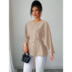 Elegant Spring/Summer Women'S Blouse - Round Neck, Long Sleeve, Solid Color with Belt Detail, Chic Polyester Top for Casual or Dressy Outfits